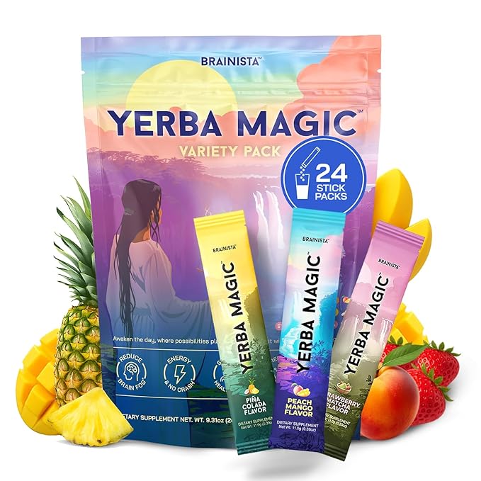 Yerba Magic Instant Yerba Mate Powder Packets – Clean Energy &amp Focus Drink Mix for Gut Health – Nootropic Blend with Lion’s Mane L-Theanine Prebiotics &amp Probiotics – Low Sugar Natural Caffei