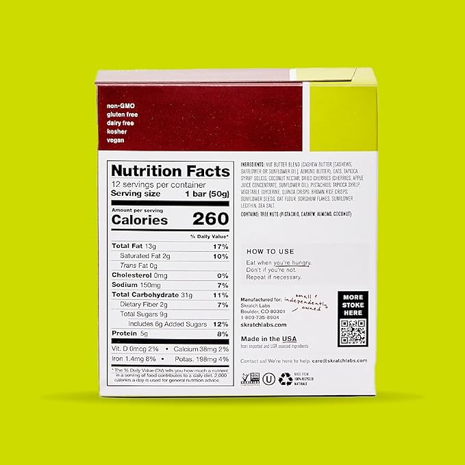 Skratch Labs Energy Bar | Cherry + Pistachio (12 Pack) | Plant Based Healthy Snack | Low Sugar - 5g Protein | Non-GMO Gluten Free Soy Free Vegan Kosher