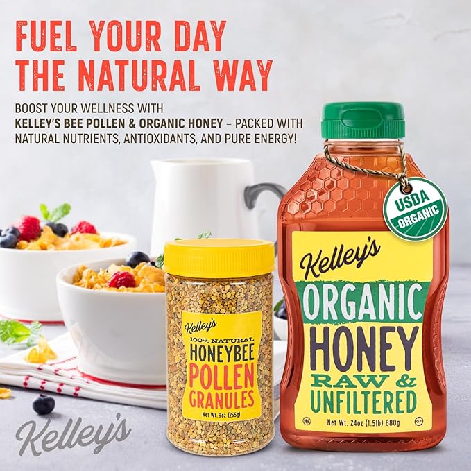 Kelley's Bee Pollen &amp Organic Honey (9 &amp 24 Oz Value Pack of 2) – 100% Raw Bee Pollen Granules GO Texan Certified – USDA Organic Raw &amp Unfiltered Honey