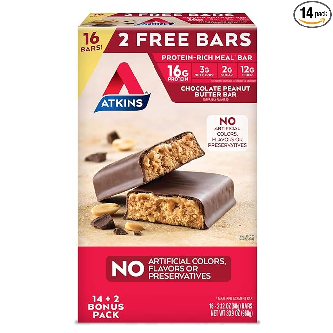 Atkins Meal Bar Chocolate Peanut Butter Pack (14 Count + 2 Bonus Bars)