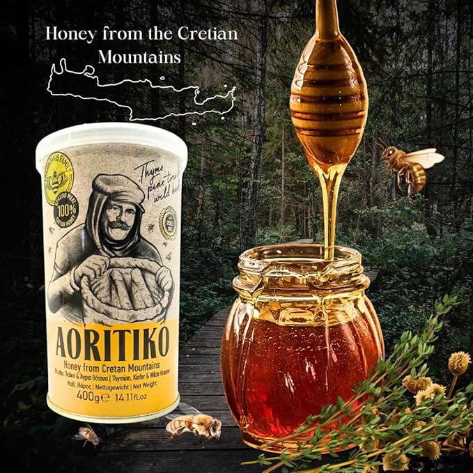 Aoritiko Pure Cretan Mountain Honey | Greek Honey | 100% Natural Wildflower &amp Herb-Infused Rich Aromatic Flavor Harvested from Pristine Greek Flora | 400 gram can