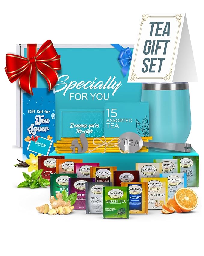 Modern Elegance Tea Tumbler Gift Set – Includes Tea Bag Holder Spoon Honey Straw 15 Assorted Flavor Blends &amp Hot &amp Cold 12oz Insulated Tumbler – Ideal for Holiday Gift for Tea Lovers – Teal