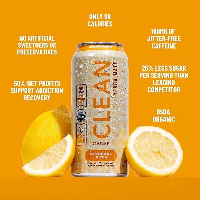 CLEAN Cause Lemonade and Tea Yerba Mate Tea Non-Carbonated USDA Organic Energy Drink Alternative Low Sugar 160mg Natural Caffeine Soda Alternative Plant-Based (15.5oz cans 12-Pack Case)