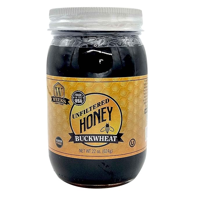 Pure Raw Unfiltered Buckwheat Honey 22 oz Glass Jar - Premium Dark American Buckwheat Honey by Weeks Honey Farm | Bold Molasses Flavor