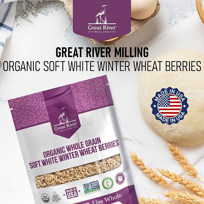 Great River Milling Organic Soft White Winter Wheat | Whole Grain Wheat Berries for Baking &amp Milling | USDA Organic Non-GMO Kosher | Ideal for Pastries Tender Breads Desserts Soup &amp Salad