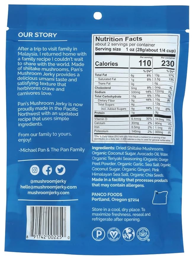 Pan's Mushroom Jerky in Teriyaki Flavor. Vegetarian. Vegan. Gluten-Free. Vitamin D. High in Fiber. Soy-Free. Plant-Based. Shiitake Mushrooms – 2.2 Oz (pack of 4)