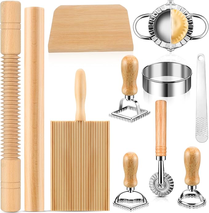 11 Pcs Pasta Making Tools Kit - Includes Wooden Gnocchi Board with Ravioli Stamp Cutter Threaded Rolling Pin Dumpling and Pasta Maker - Gift for Homemade kitchen Baking Lovers