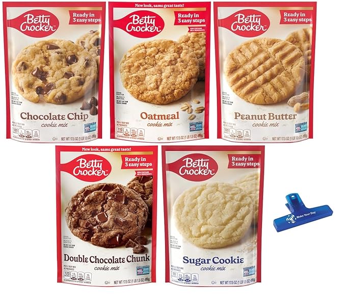Betty Crocker Cookie Mix Variety Chocolate Chip Oatmeal Peanut Butter Double Chocolate Chunk and Sugar Cookie 17.5 Ounce (Pack of 5) - with Make Your Day Bag Clip
