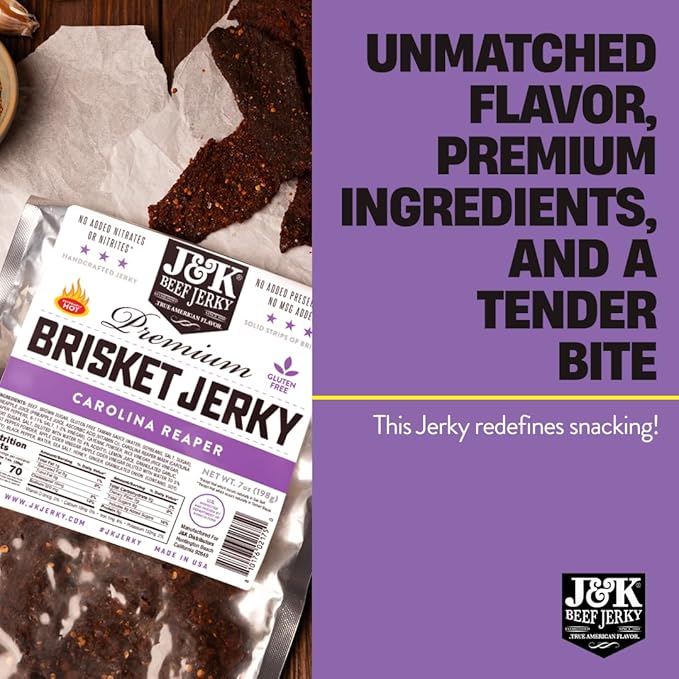 J&ampK Jerky Carolina Reaper Beef Brisket Jerky - Small Batch American Made Slab Beef Jerky's Spicy and Savory Snack with a Kick - Bold &amp Flavorful Snack! - 7oz Big Bag of Jerky's