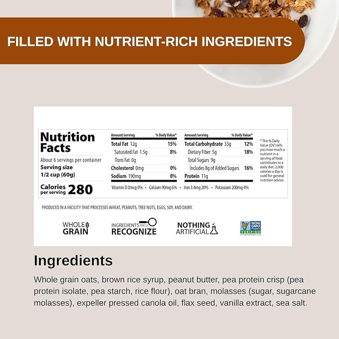 Erin Baker's Ultra Protein Granola Endurance Crunch Peanut Butter Vegan Non-GMO Granola Cereal 12 Ounce (Pack of 6)