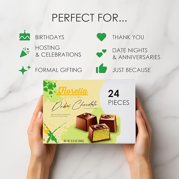 Fiorella Dubai Style Milk Chocolate Pistachio Squares Filled Chocolate With Pistachio Butter &amp Crispy Kadayif Individually Wrapped Chocolate Pieces 24 Count Box