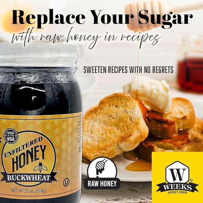 Pure Raw Unfiltered Buckwheat Honey 22 oz Glass Jar - Premium Dark American Buckwheat Honey by Weeks Honey Farm | Bold Molasses Flavor