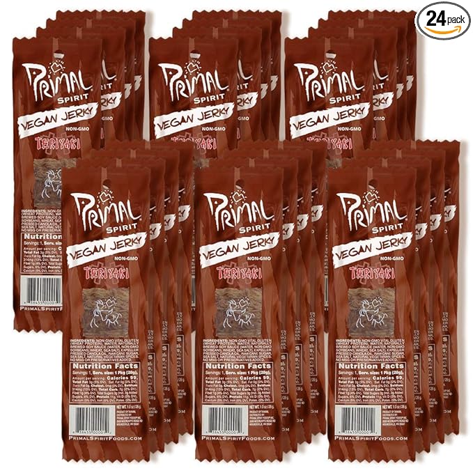 Primal Spirit Vegan Jerky – “Classic Flavor” – Teriyaki 10 g. Plant Based Protein Certified Non-GMO No Preservatives Sports Friendly Packaging (24 Pack 1 oz)