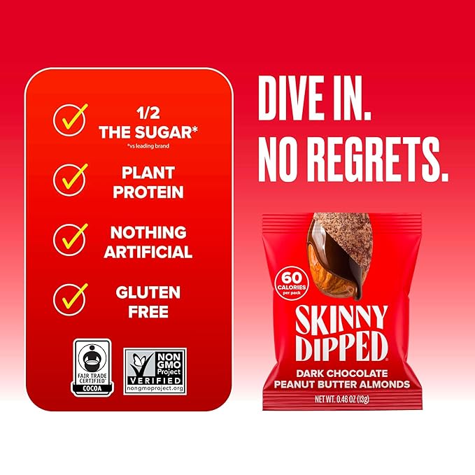 SkinnyDipped Dark Chocolate Peanut Butter Almonds Healthy Snack Plant Protein Gluten Free 0.46 oz Mini Bags Pack of 24