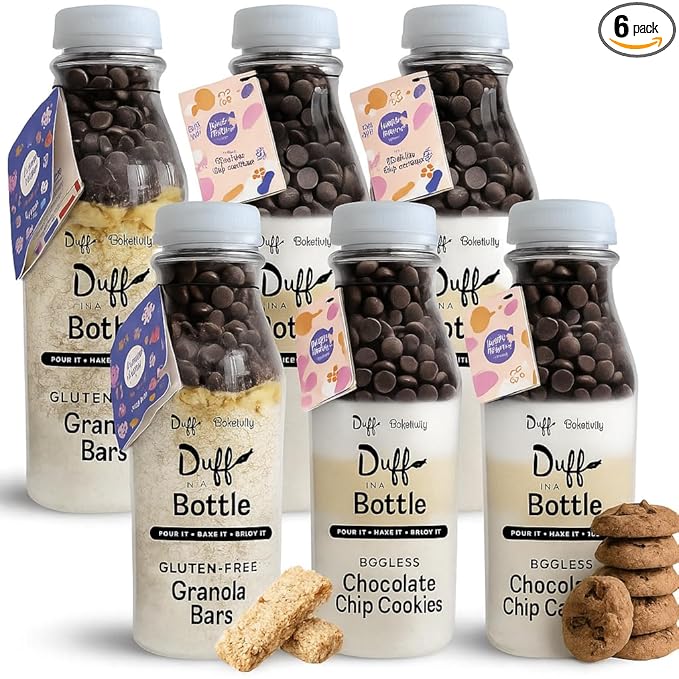 Baketivity 3 pack Chocolate Chip Cookie Mix + 3 pack Granola Bar Mix - 6 pack Duff in a Bottle Baking Kit for Kids and Adults Granola Mix and Cookie Mix for Baking with Premeasured Ingredients