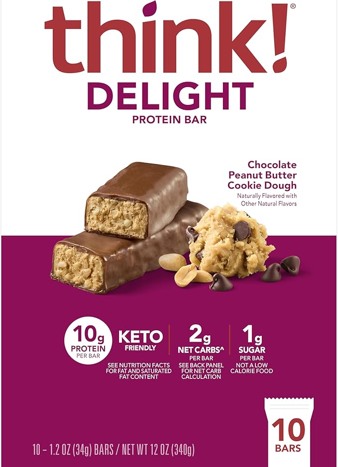 think! Delight Keto Protein Bars Healthy Low Carb Gluten Free Snack - Chocolate Peanut Butter Cookie Dough 10 Count (Packaging May Vary) (Pack of 2)