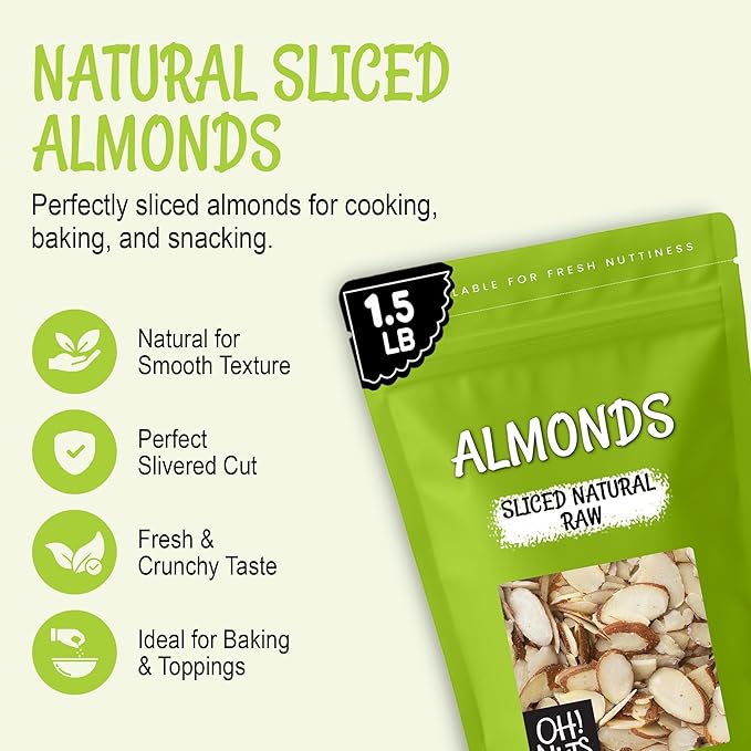 Oh! Nuts Raw Natural Sliced Almonds - 100% Natural - Sliced Almonds - 1.5 lb - Almonds Raw - Packed in New York Zip-Seal Bag for Exceptional Freshness