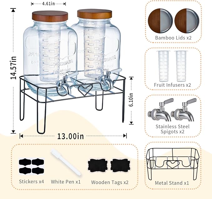 2 Pack1Gallon Glass Drink Dispenser with Stand&ampBamboo Lids&ampFruit Infuser304 Stainless Steel Leak-Proof SpigotBeverage Dispenser for PartiesWater Sangria Juice Sun Tea Lemonade(Brown)