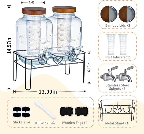 2 Pack1Gallon Glass Drink Dispenser with Stand&ampBamboo Lids&ampFruit Infuser304 Stainless Steel Leak-Proof SpigotBeverage Dispenser for PartiesWater Sangria Juice Sun Tea Lemonade(Brown)