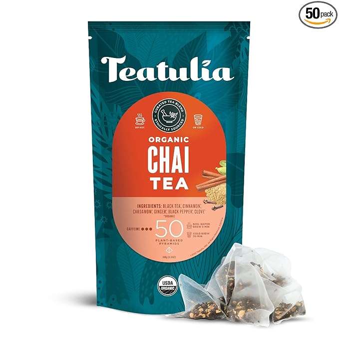 Teatulia Organic Masala Chai Tea Bags (50 Pyramid Sachet Teabags) Premium Whole Leaf. Compostable &amp Sustainably Grown In Bangladesh. Black Tea Cinnamon Cardamom Ginger Root Black Pepper Clove