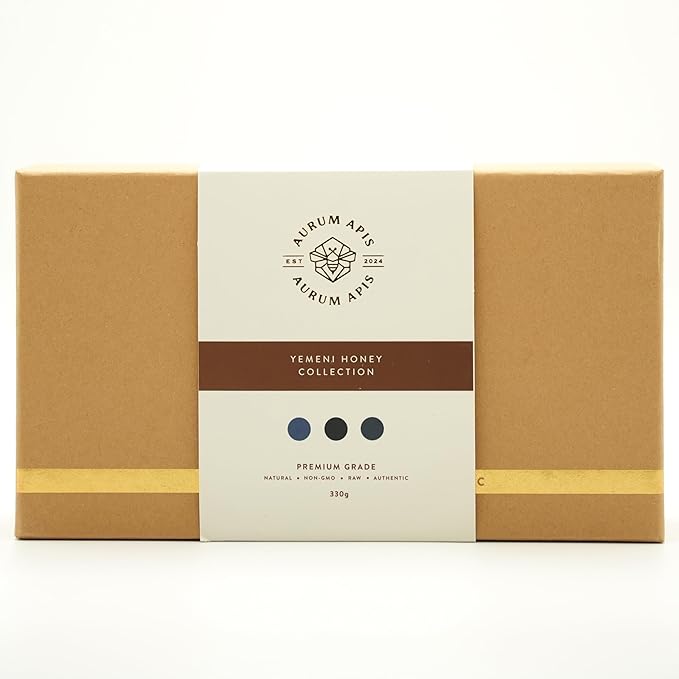 Aurum Apis Raw Yemeni Honey Gift Box – Authentic Sidr Sumar &amp Wildflower Honey | 100% Raw Unfiltered Hand-Harvested Non-GMO Smooth Texture &amp Rich Aroma (Pack of 3) – Each 330g Honey Jar