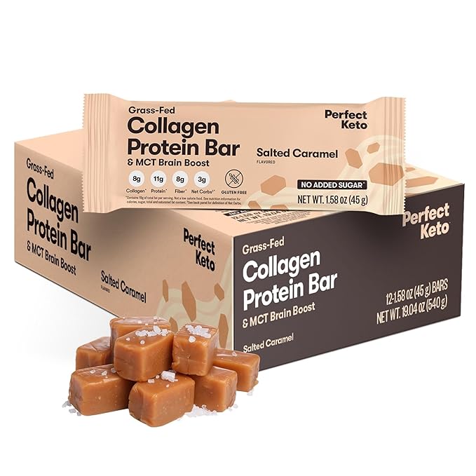 Perfect Keto Bars - The Cleanest Keto Snacks with Collagen and MCT. No Added Sugar Keto Diet Friendly - 3g Net Carbs 19g Fat11g Protein - Diet Food Dessert (Salted Caramel 12 Bars)