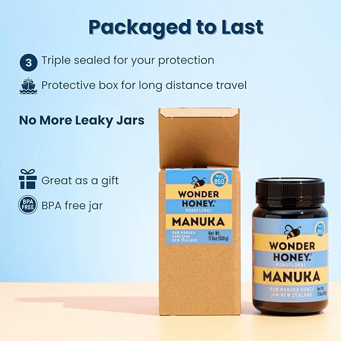 Wonder Honey Raw Manuka Honey New Zealand MGO300 (10+) Tested for 26 Markers Traceable Natural Soothing for Sore Throat Cough - Aids Digestion - Triple Sealed for safety in a Protective Box (1.1lb)