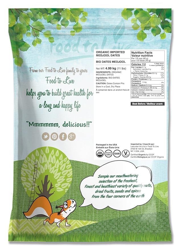 Food to Live Organic Medjool Dates 11 Pounds – Non-GMO Whole Dried Dated with Pits Large Size Unsweetened Unsulphured Vegan Sirtfood Bulk. Good Source of Potassium Magnesium and Dietary Fibe