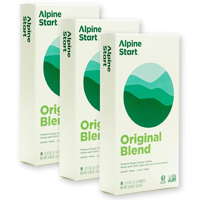 Alpine Start Instant Coffee Original Blend Medium Roast - Individual Powder Mix From High Altitude Arabica Coffee Beans - Hot or Cold Brew for Home Travel Camping Hiking Backpacking (Original Blen