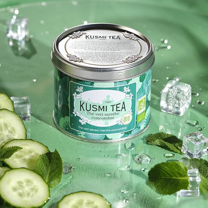 Kusmi Tea - Cucumber Mint Green Tea - Organic Green Tea with Mint Leaves - Natural Mint and Cucumber Flavours - Enjoy Hot or Iced - Loose Leaf Tea - Tin Box of 3.5 oz - Quantity for about 50 cups