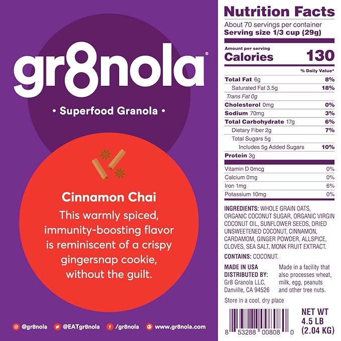 gr8nola CINNAMON CHAI - Healthy Low Sugar Vegan Bulk Granola Cereal - Made with Superfoods Cinnamon Ginger and Cardamom Soy Free Dairy Free and No Refined Sugar - 4.5lb Resealable Bag