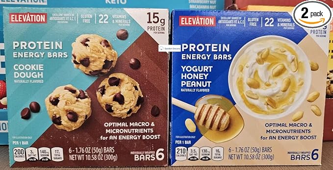Elevation Protein Energy Bars Cookie Dough &amp Yogurt Honey Peanut 10.58oz 300g (Two Bars)
