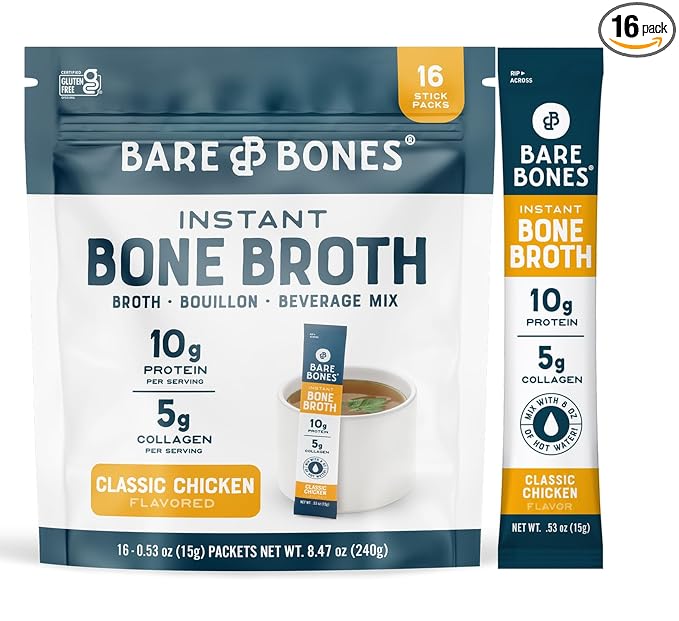 Bare Bones Classic Chicken Bone Broth Instant Powdered Mix Packets | 5g Collagen | 10g Protein | Keto &amp Paleo Friendly | No Artificial Flavors | Non-GMO Gluten-Free Dairy-Free on-the-go 16 Pack