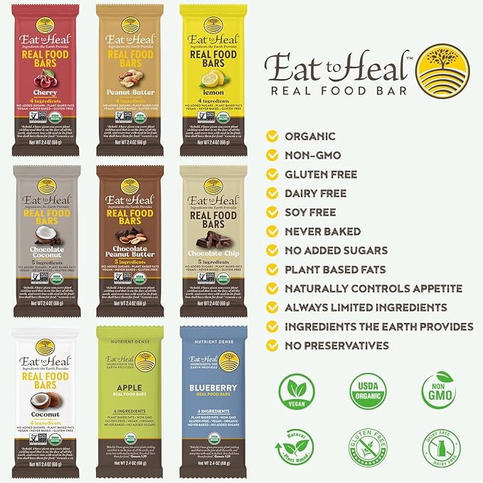 EatToHeal Variety Pack Real Food Bar - Organic Vegan Healthy Gluten Free Protein Bars - Low Sugar Meal Replacement Bar Non GMO Never Baked Plant Based - Crafted to Enjoy Not Sit on Shelves