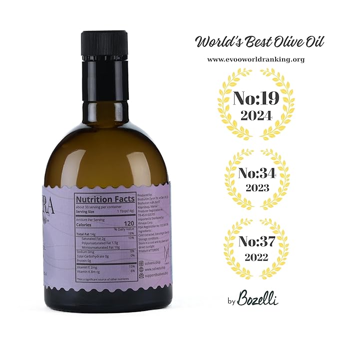 Solivera Mini Verde Extra Virgin Olive Oil Cold Pressed 300+ High Polyphenols Baby-Friendly Blend Smooth &amp Light Single-Origin Organic Olive Oil Hand Picked Early Harvest - 16.8 fl. oz. (Mini