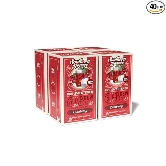 Southern Breeze Cold Brew Sweet Tea Cranberry Iced Tea with Black Tea and Zero Carbs Zero Sugar 20 Individually Wrapped Tea Bags Pack of 4
