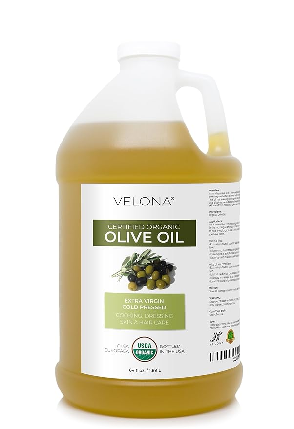 velona USDA Certified Organic Olive Oil - 64 Fl Oz | 100% Pure and Natural Carrier Oil | Extra Virgin Unrefined Cold Pressed | Cooking Dressing Face Hair Body &amp Skin Care | Use Today - Enjoy