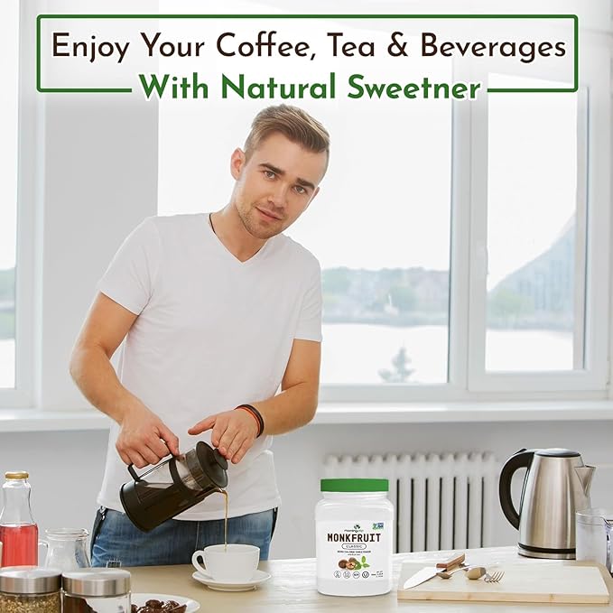 Morning Pep Monk Fruit Sweetener Classic | White Sugar Substitute Keto Diet Friendly 1:1 Sugar Replacement For Baking Coffee Tea Zero Calorie Non Gmo Project Verified OU Kosher White - 2.5 lb