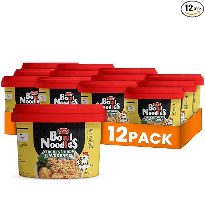 Pocas Bowl Noodle Soup Spicy Chicken Ramen Microwavable Instant Noodles Bowl 3.17 Oz (Pack of 12)