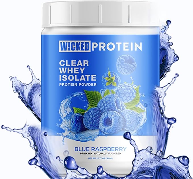 WICKED Protein Powder Clear Whey Isolate 23g Protein 95 Calories Refreshing Juice Clean Label Project Certified Gluten Free Post Workout Recovery Protein for Women and Men (Blue Raspberry)
