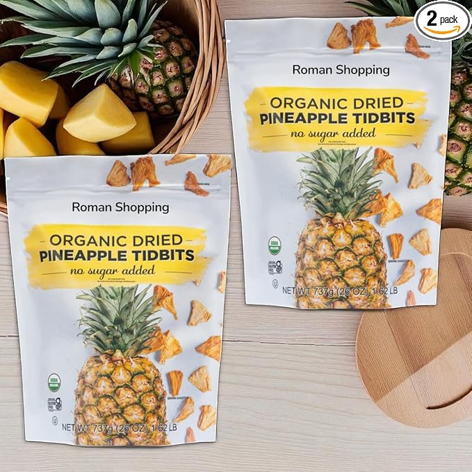 Kirkland Organic Dried Pineapple Tidbits – 2 Bags (52 oz Total) USDA Organic No Sugar Added Gluten Free Kosher Certified Single Ingredient No Preservatives Healthy Snack Bulk Pack
