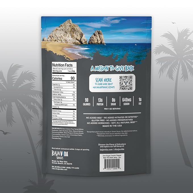 Baja Beef Jerky - 100% All Natural Beef Jerky Keto Jerky Gluten Free Low Calorie Craft Jerky 13g Protein per Serving No Nitrates or Added Hormones - Crackin' Pepper 2 oz Bag (Pack of 3)