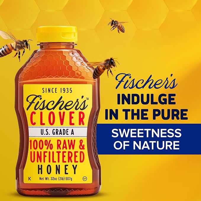 Fischer’s 100% Pure Clover Honey – Unfiltered Raw Honey 32 oz Squeeze Bottle – All-Natural Sweetener – Rich Flavor Profile Packed with Nutrients