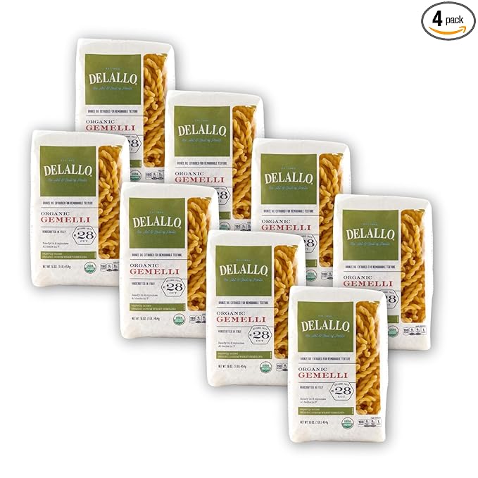 DeLallo Organic Gemelli Pasta Made with 100% Semolina Durum Wheat Flour Bronze Cut Made in Italy Non-GMO Preservative Free Vegan Kosher Twisted Pasta Shape 1 Pound Bag (8 Pack)
