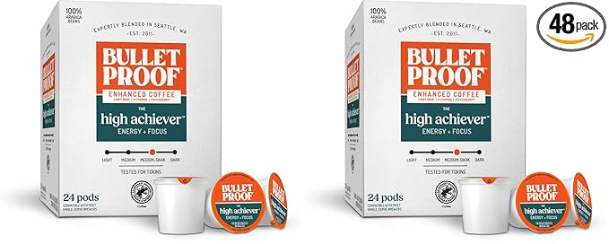 Bulletproof The High Achiever Single-Serve Pods 24 Count Medium-Dark Roast Enhanced Coffee with Lion's Mane Mushroom B Vitamins and Adaptogens for Energy and Focus (Pack of 2)