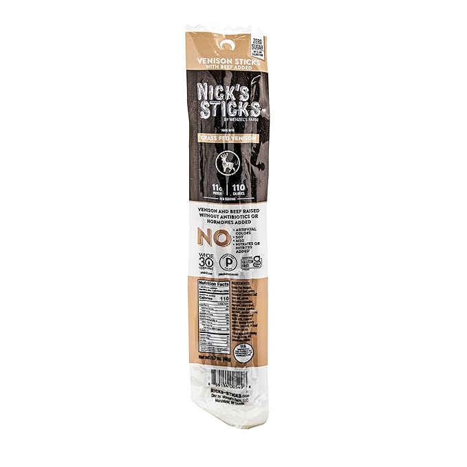 Nick's Sticks | 100% Grass-Fed Venison Sticks | Made in the USA | Gluten Free | Paleo | Keto | Whole30 Approved | No soy Antibiotics or Hormones (25-1.7 oz. Packages of 2 Sticks)