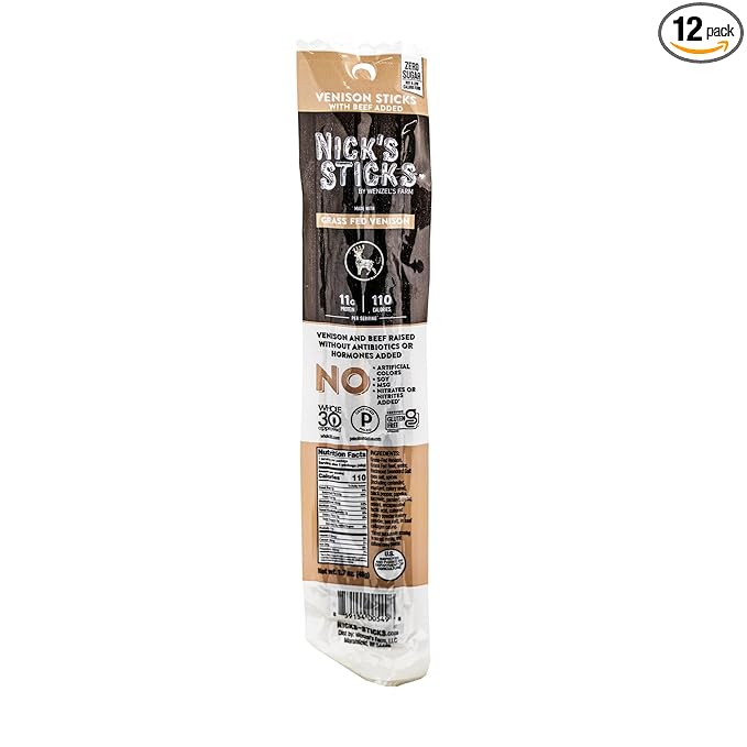 Nick's Sticks | 100% Grass-Fed Venison Sticks | Made in the USA | Gluten Free | Paleo | Keto | Whole30 Approved | No soy Antibiotics or Hormones (12-1.7 oz. Packages of 2 Sticks)