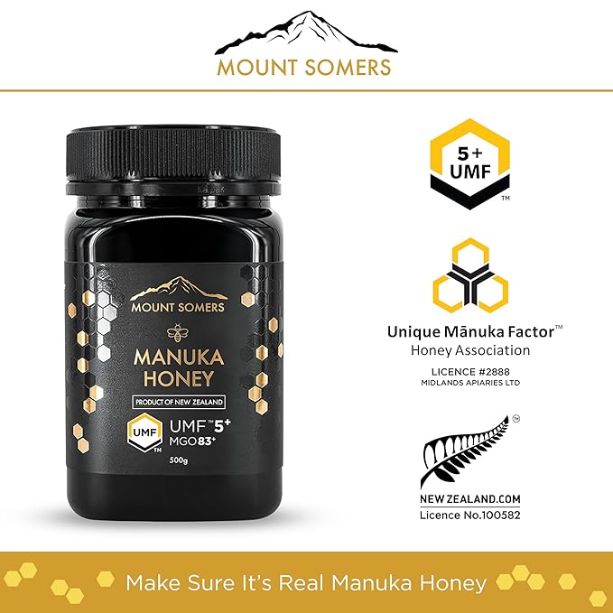 Mount Somers 100% Pure Premium Raw Manuka Honey - UMF 5+ / MGO 83+ 17.6oz (500g) Jar Non GMO New Zealand Manuka Honey Genuine Natural Superfood Great Taste UMF Certified