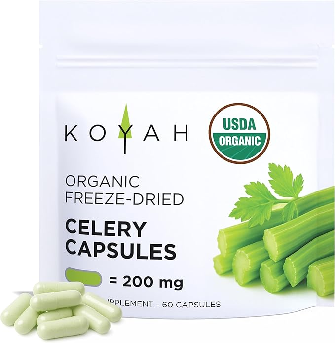 KOYAH - Organic Celery Capsules – 200 mg Freeze-Dried Whole-Stalk Powder (Equals 4200 mg Fresh) – 60 Vegan Capsules – No Binders or Fillers – USDA Organic Non-GMO Gluten-Free