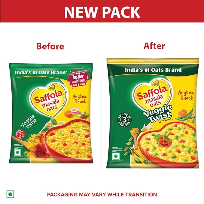 Saffola Spicy (Masala) Oats Ready in 3 Minutes 3 Different Flavors - Veggie Twist Curry &amp Pepper Masala and Coriander Delicious Healthy Breakfast - Pack of 6 (2 Flavors Each)